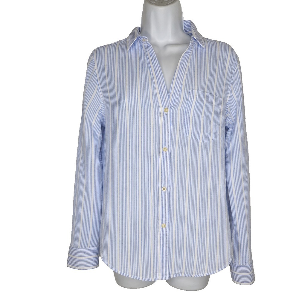 GAP Womens M Blue White Stripe Openwork Button Down Shirt Coastal Nautical Prepp